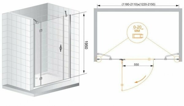 Душевая дверь (160х195) CEZARES BERGAMO BERGAMO-W-B-13-40+60/60-C-Cr-R
